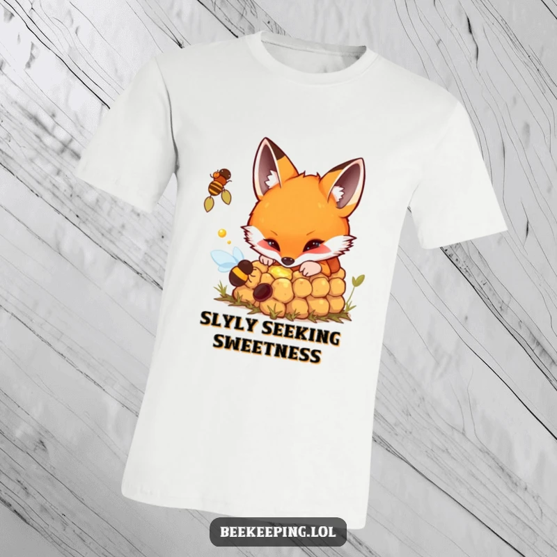 Funny t-shirt graphic of a fox curiously looking into a bubbling beehive.