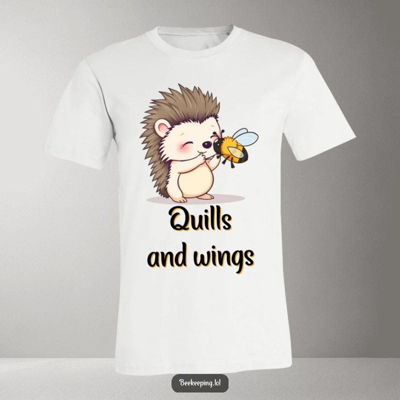 Funny t-shirt depicting a wobbly hedgehog carefully attempting to brush a bee, highlighting a theme of gentle interaction.