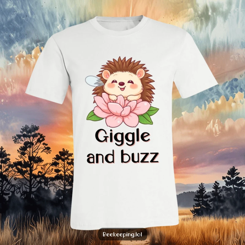 Funny giggling hedgehog buzzing around a large flower, a humorous and delightful graphic t-shirt.
