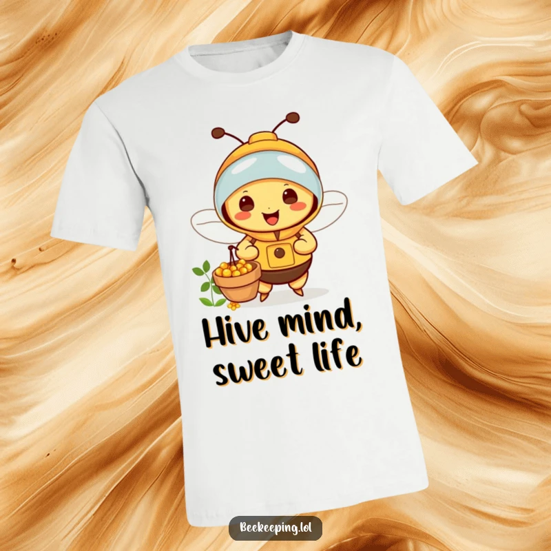 Funny Bee T-Shirt: Adorable happy bee in a tiny beekeeper suit collecting nectar, bringing smiles and cute vibes.