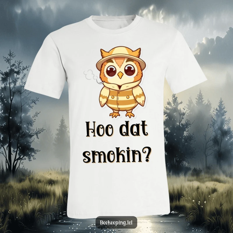 Funny cheerful owl in a beekeeper suit, holding a puff of smoke, a humorous graphic tee for bird watchers.