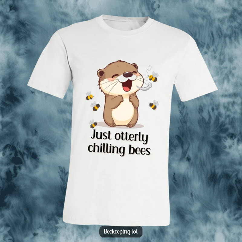 Funny t-shirt: an energetic otter expertly uses a smoke cloud to pacify agitated bees, showing calm problem-solving in a humorous way.