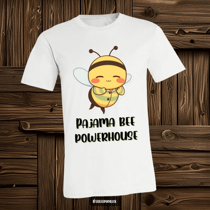 Funny T-shirt featuring a wobbly bee character in striped pajamas, flying with a dreamy, sleepy grin, radiating relaxation.