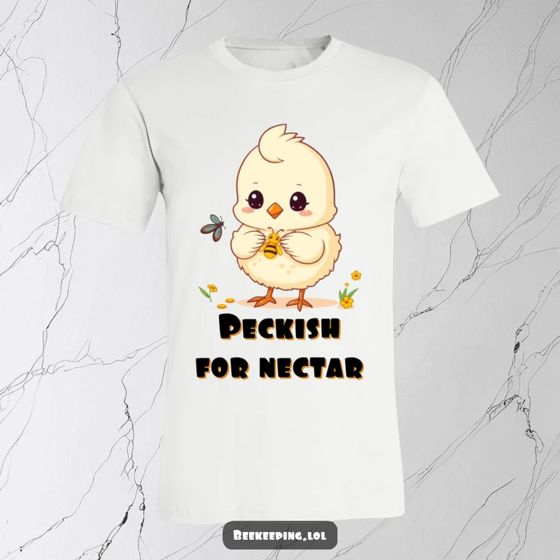 Funny chick t-shirt with a fluffy chick helping to collect nectar, a charming and humorous image.