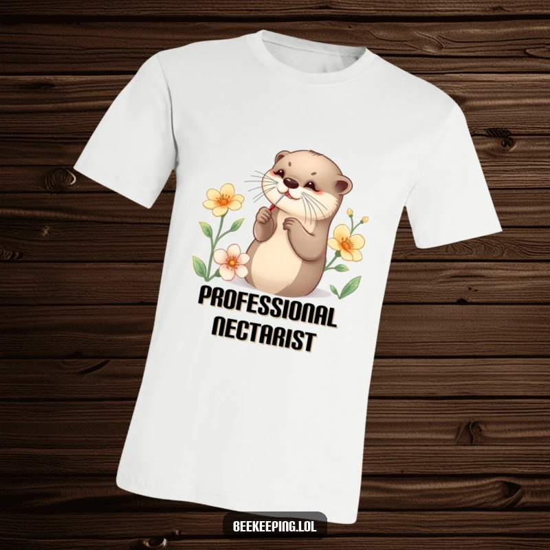 Funny Otter T-Shirt depicting a graceful otter meticulously gathering nectar from a flower with a miniature tool, a humorous illustration of skill.