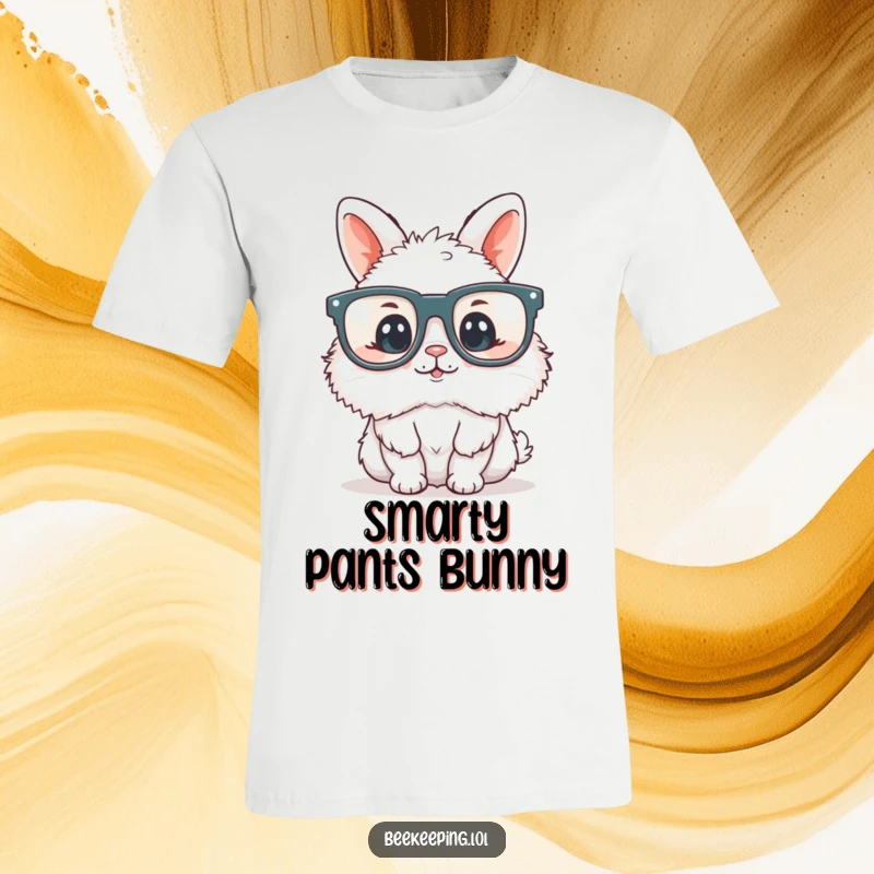Funny fluffy bunny wearing oversized reading glasses, peeking over them with a studious look on a comfortable t-shirt.