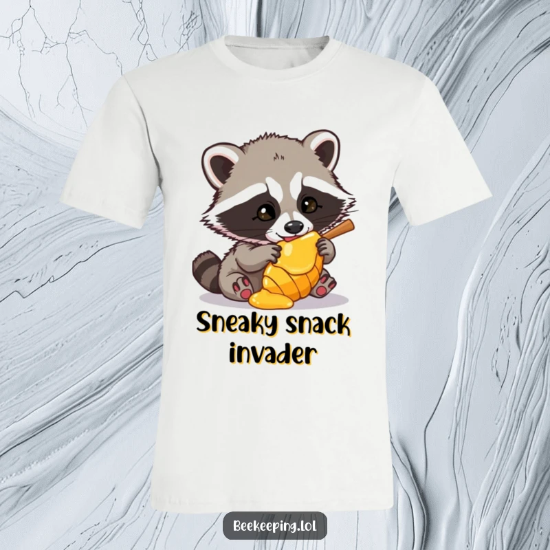 Funny Raccoon T-Shirt showing a sly raccoon attempting to swipe honey from a comb, a comical scene of sweet-toothed banditry.