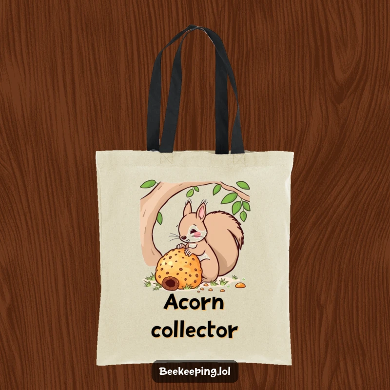 Funny tote bag depicting a squirrel tending to a very large beehive. A humorous and practical accessory for daily errands.