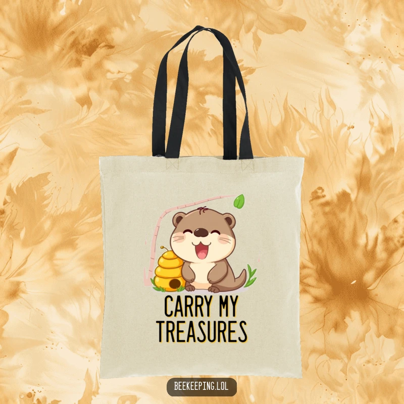 Funny Otter Beehive Tote Bag, practical and stylish, curious otter peeking into a beehive, humorous animal accessory.