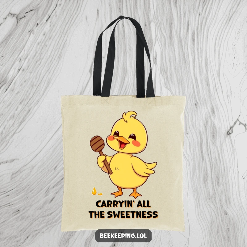 Funny delighted duck holding a honey dipper with glee, illustrated on a durable tote bag, perfect for carrying treats.