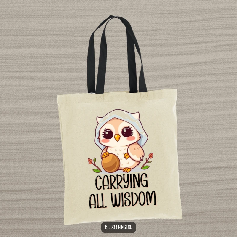 Funny Owl Beekeeper Tote Bag, stylish and practical, smiling owl wearing veil, tending to a busy beehive, humorous accessory.