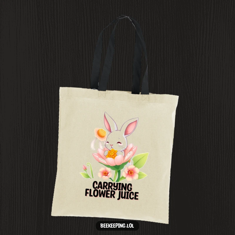 Funny Bunny Tote Bag: A charming tote depicting a playful bunny sipping sweet nectar from a colossal flower.