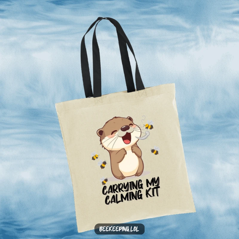 Funny tote bag: an excited otter expels smoke to calm bees, designed with whimsical charm and a humorous wildlife interaction.