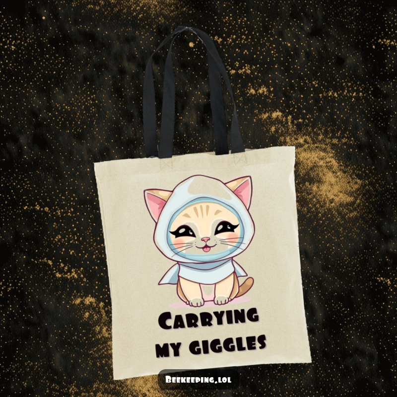 Funny Cat Tote Bag: A sturdy tote bag showing a giggling cat dressed as a beekeeper, ready for any task.