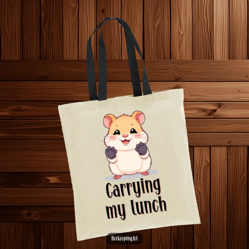 Funny hamster tote bag with a smiling hamster wearing tiny work gloves, ideal for daily use.