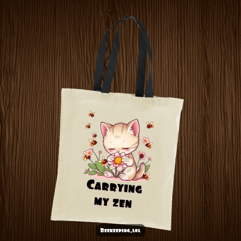 Funny Kitten Flower Tote Bag: A sweet kitten strokes a flower, buzzing bees adding to the delightful, whimsical scene.