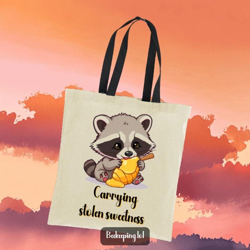 Funny Raccoon Tote Bag illustrating a sneaky raccoon plotting to steal honey from a comb, a charming and humorous design.