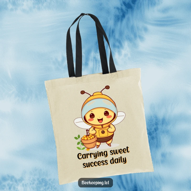 Funny Bee Tote Bag: Cute beekeeper bee busy collecting nectar, showcasing a happy and functional design.
