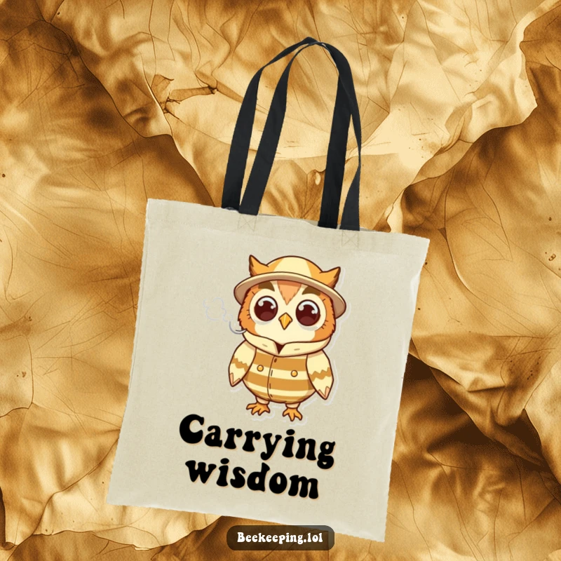 Funny cheerful owl in a beekeeper suit, holding a puff of smoke, a reusable and humorous tote bag.