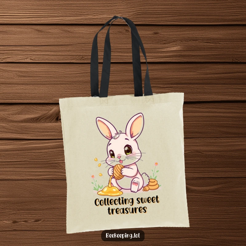 Funny tote bag illustration of a bunny collecting honey, its eyes filled with wonder.