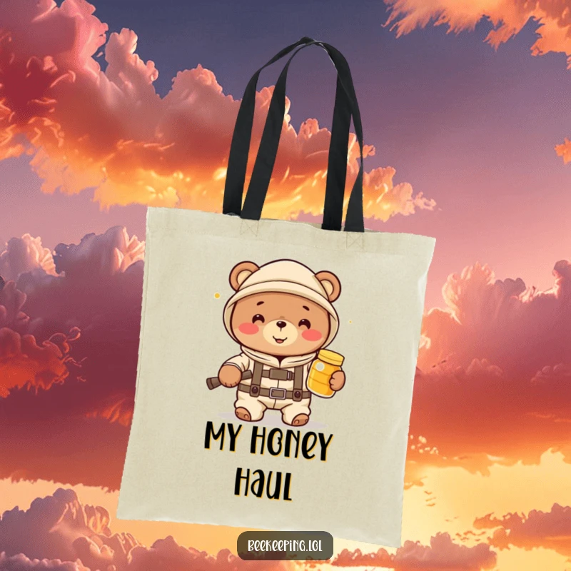 Funny bear beekeeper in a suit carrying honey, showcasing practicality and humor on a reusable tote bag.