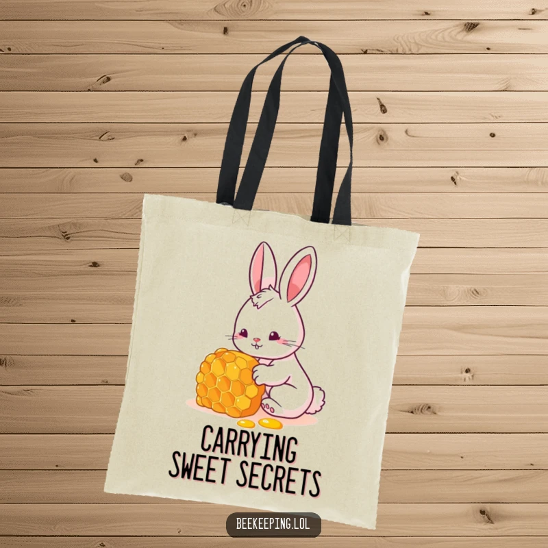 Funny bunny tote bag illustration of a rabbit curiously observing a honeycomb, great for a funny gift.
