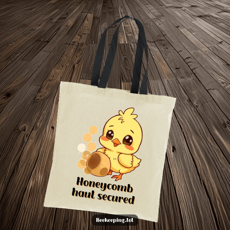 Funny tote bag featuring a cheerful chick pecking at a honeycomb, eyes wide with curiosity, perfect for carrying joy.