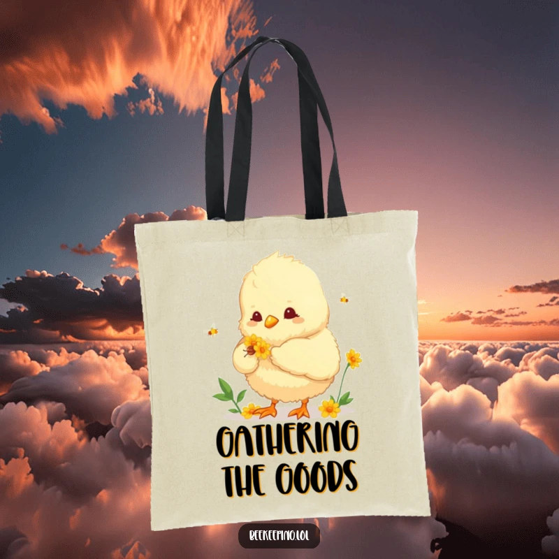 Funny tote bag featuring a fluffy chick helping to collect nectar from a flower. A humorous and practical accessory for daily use.