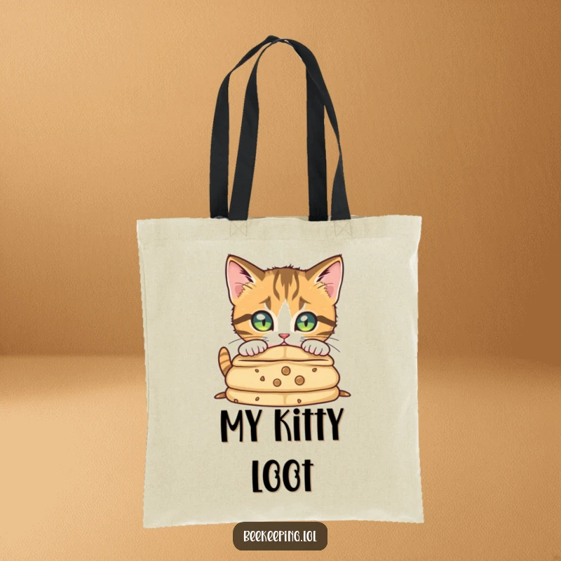 Funny curious cat with focused eyes investigating a beehive, symbolizing discovery on a tote bag.