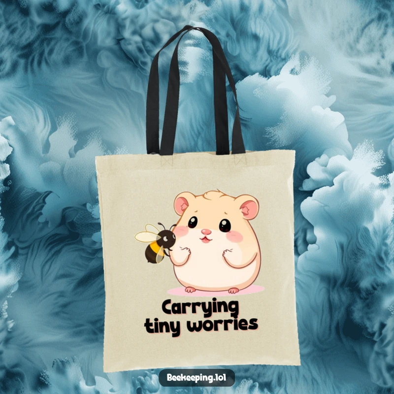 Funny Hamster Tote Bag illustrating a plump hamster with wide eyes staring at a single, oversized bee, a humorous and charming accessory.