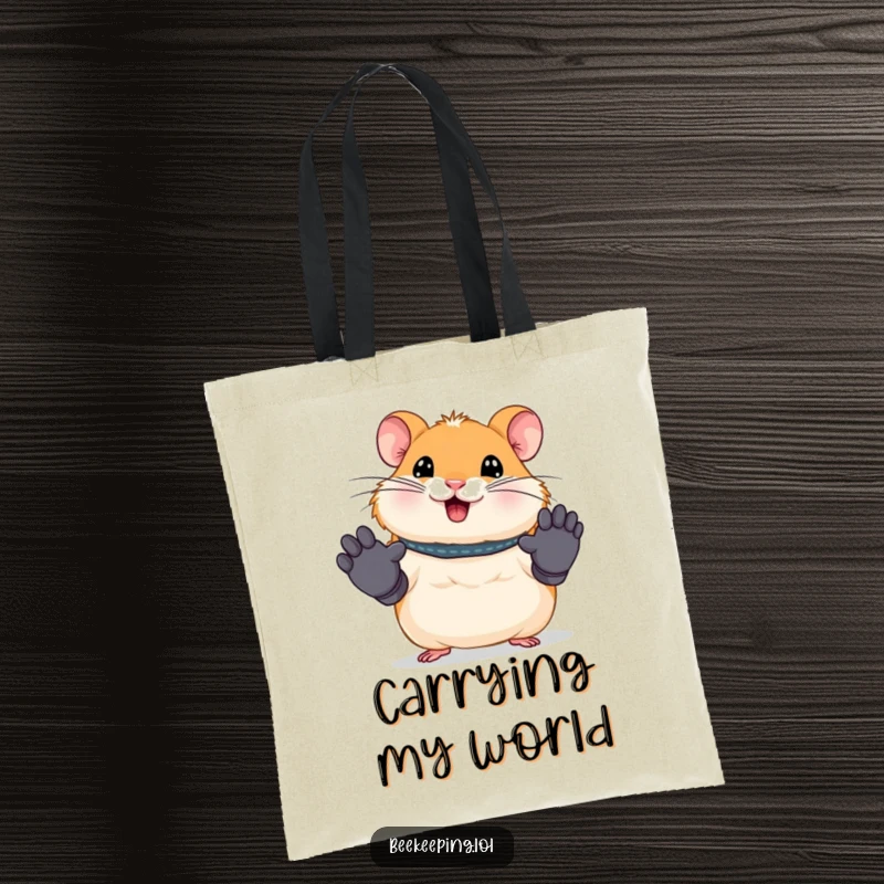 Funny tote bag featuring a smiling hamster wearing tiny work gloves, ready for any task. A humorous and practical accessory.