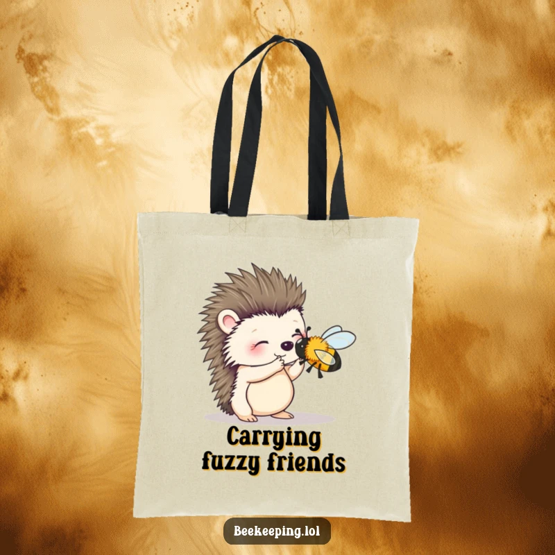 Funny tote bag with a wobbly hedgehog attempting to brush a bee, perfect for carrying daily items with a touch of charm.
