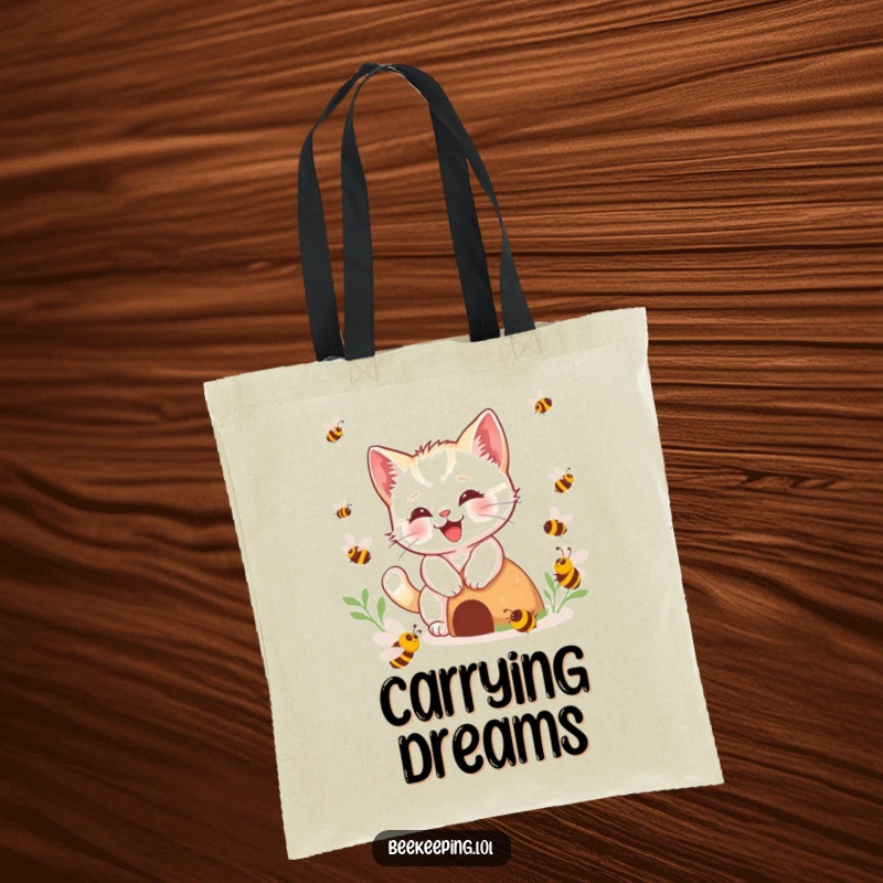 Funny kitten bee tote bag, happy kitten buzzing around imaginary bees near a hive, playful and practical, great funny gift.