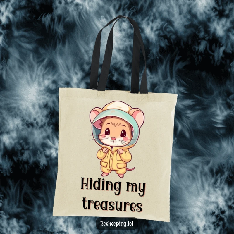Funny shy mouse peeking from behind a beekeeping suit on a durable tote bag, a humorous and practical accessory.