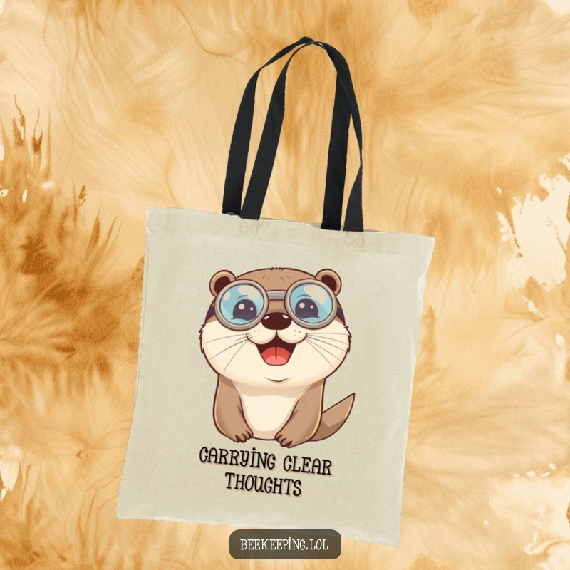 Funny cheerful otter with round protective goggles on a durable tote bag, a humorous and practical accessory.