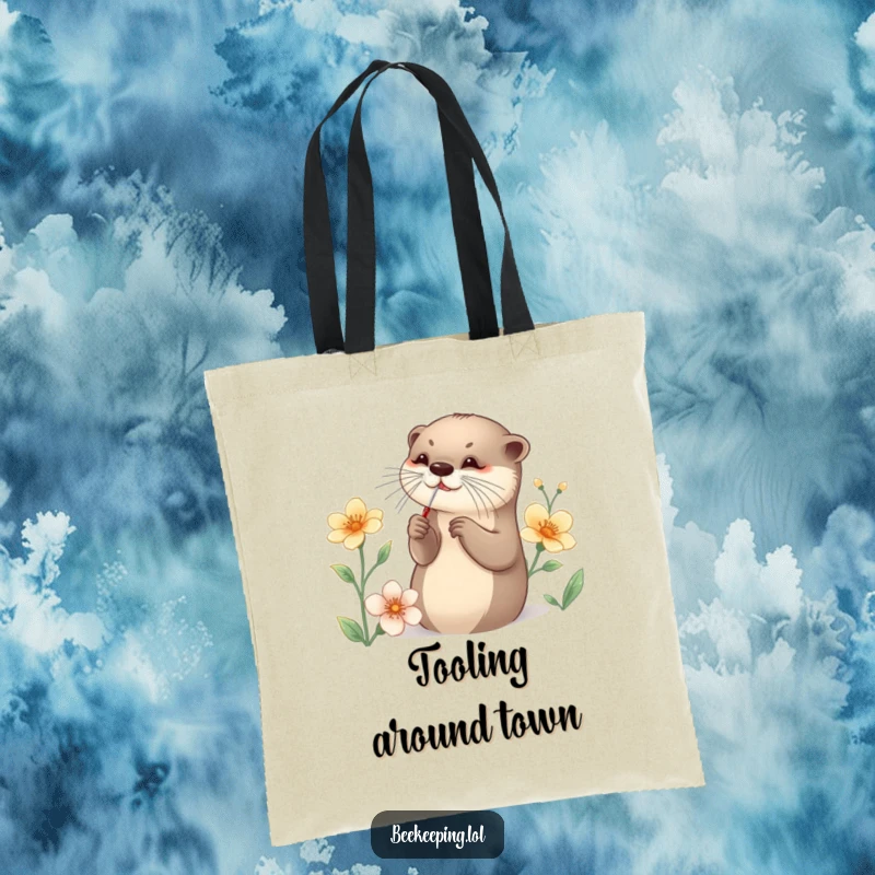 Funny Otter Tote Bag illustrating a graceful otter collecting nectar from a flower with a small tool, a humorous and detailed accessory.