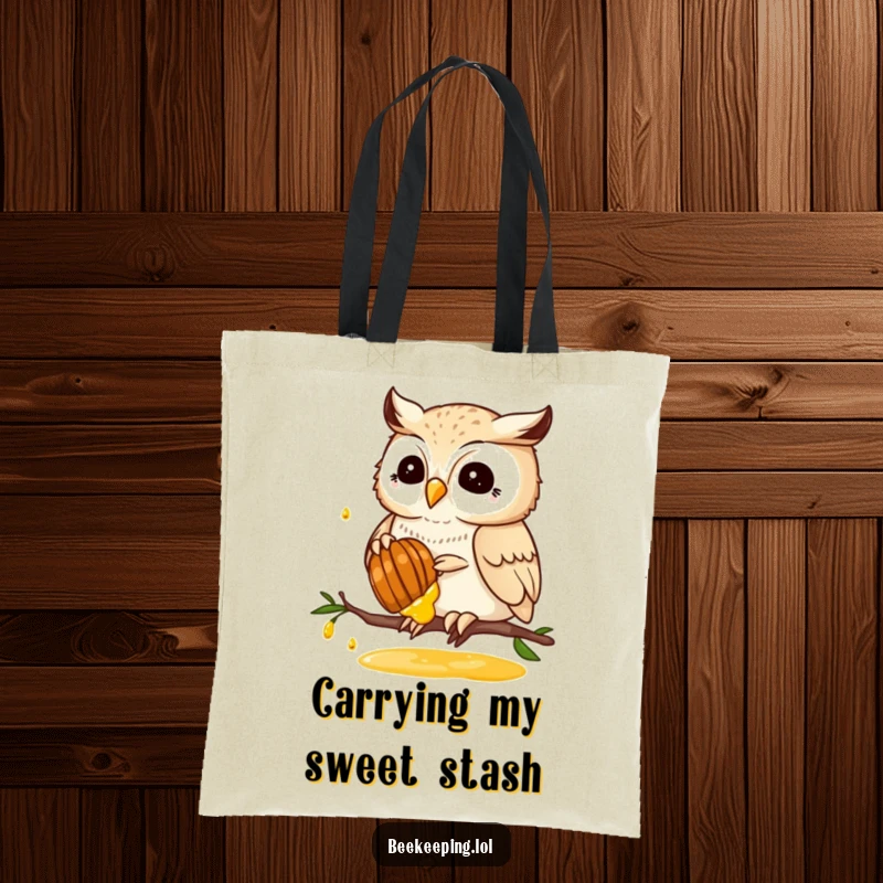Funny tote bag featuring a proud owl collecting honey from a honeycomb, perfect for carrying groceries or everyday items.