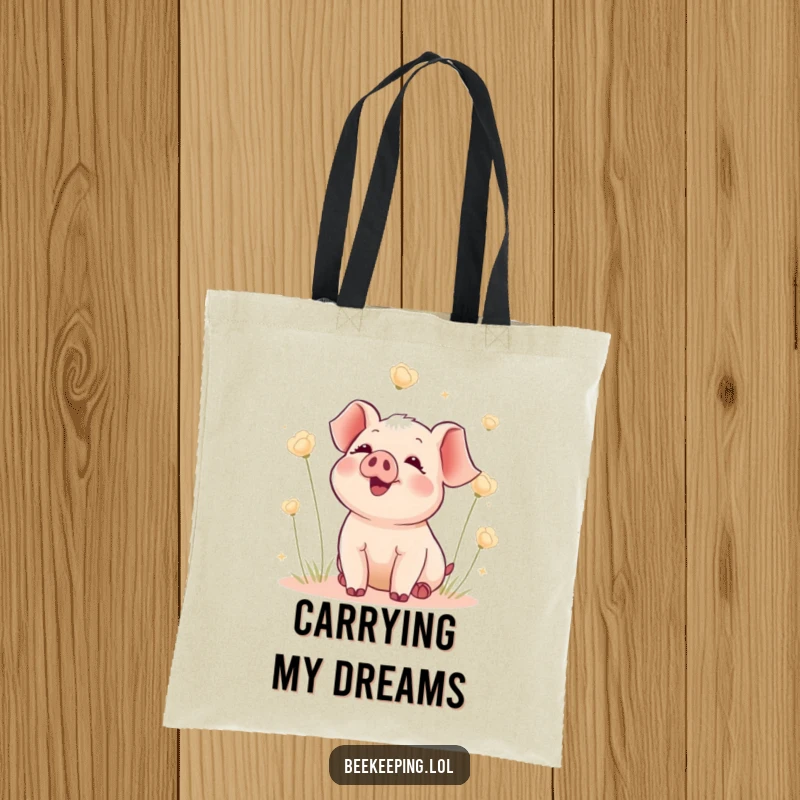 Funny tote bag with a delighted piglet watching fluffy seed heads float, a stylish and humorous accessory for everyday use.