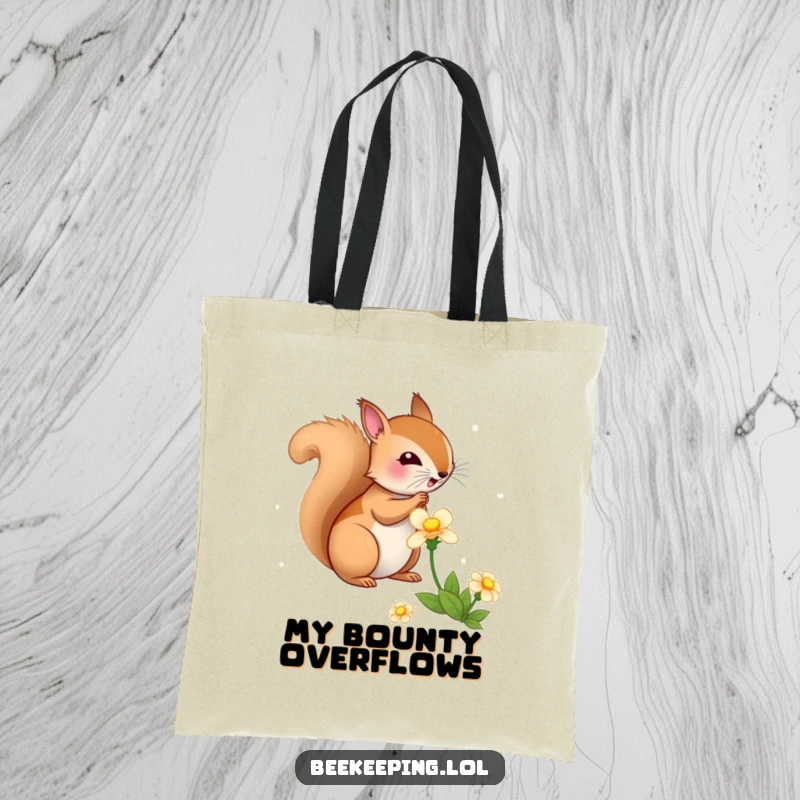 Funny Squirrel Flower Tote Bag, practical and stylish, bouncy squirrel gathering nectar from a flower, humorous nature accessory.