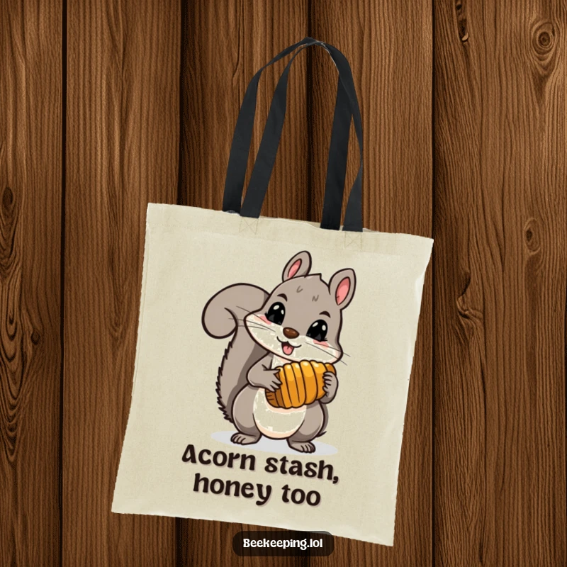 Funny brave squirrel holding a comb full of honey, illustrated on a durable tote bag, perfect for nature lovers.