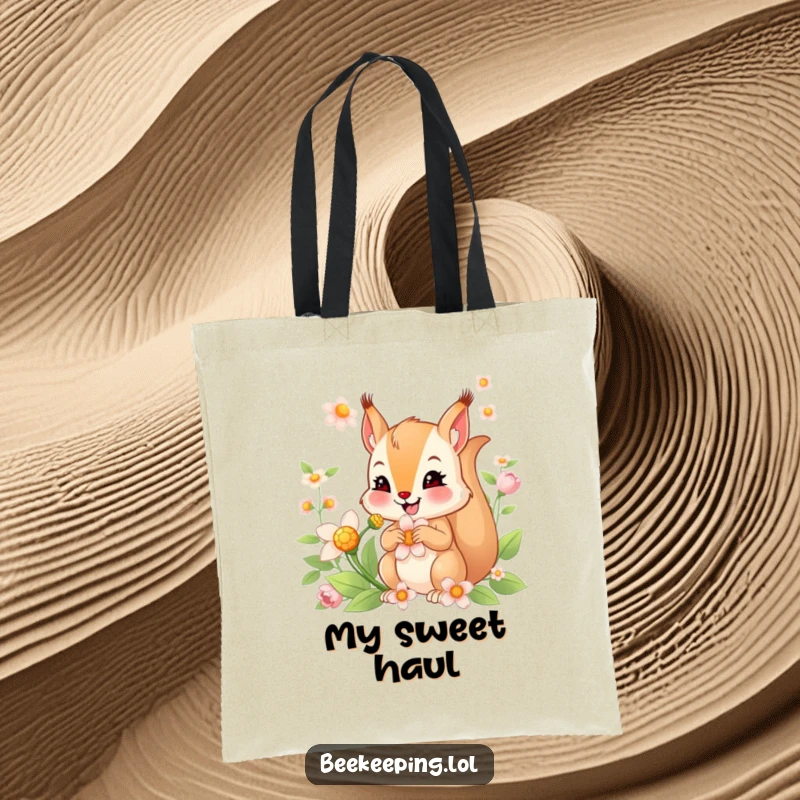 Funny tote bag with a smiling squirrel busy collecting nectar from a flower, a stylish and humorous accessory.