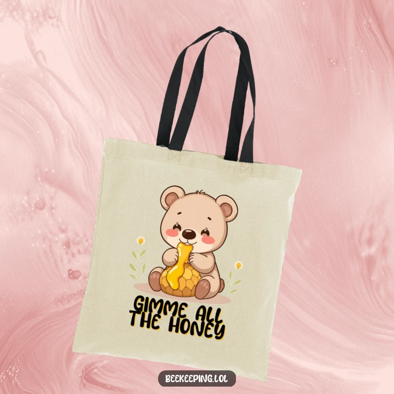 Funny smiling bear cub gently collecting honey from a dripping comb, a reusable and humorous tote bag for essentials.