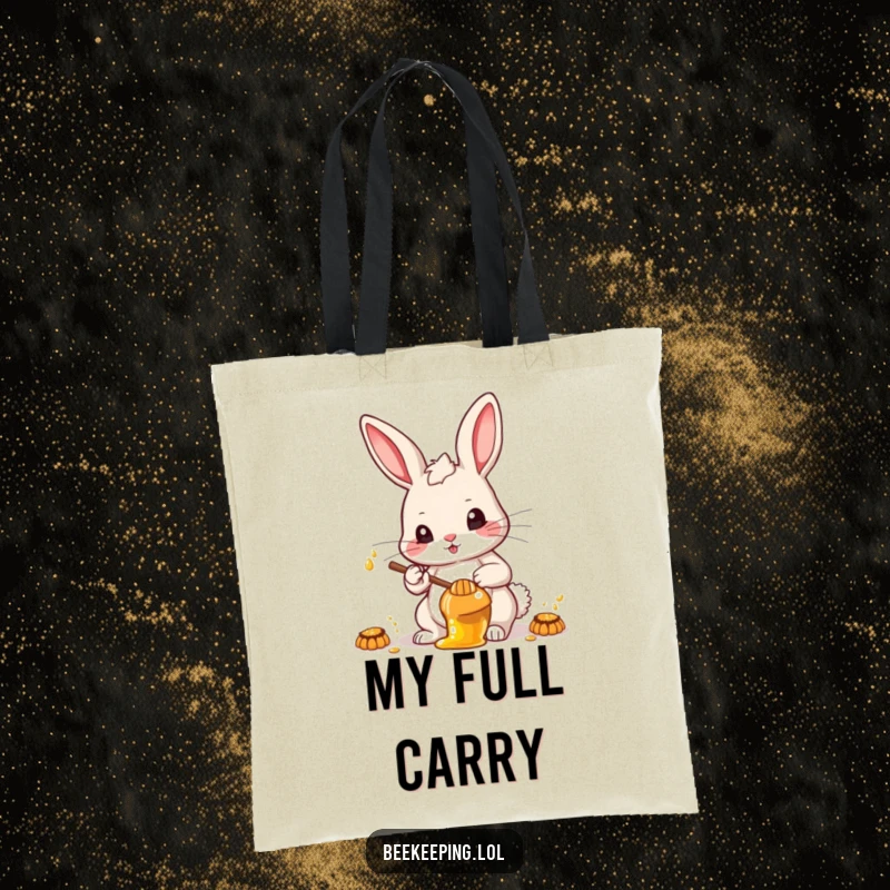 Funny determined rabbit collecting honey, symbolizing ambition on a functional and humorous tote bag.
