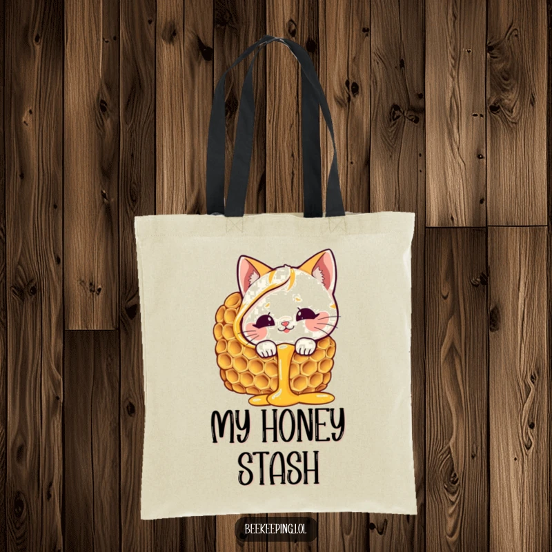 Funny cat honeycomb tote bag, giggling cat peeking into dripping honey, sweet and spacious, great funny gift.