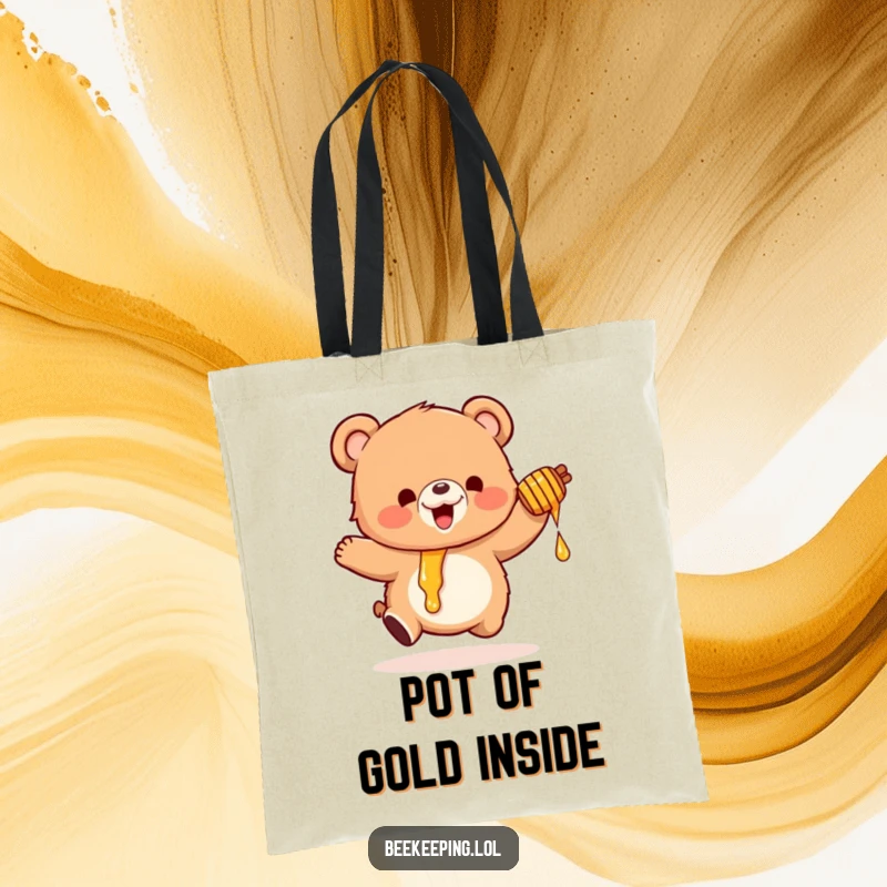 Funny tote bag with a small, fluffy bear gleefully bouncing, holding a dripping honey pot, ideal for carrying joy.
